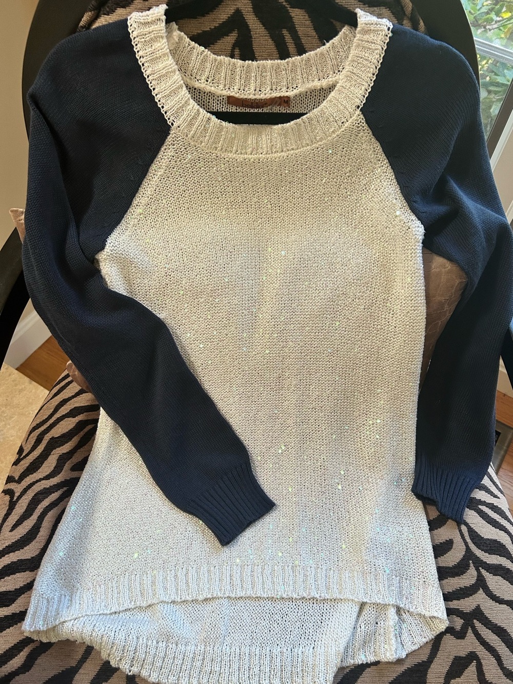 Belldini White Body Navy Sleeve Crewneck Sweater